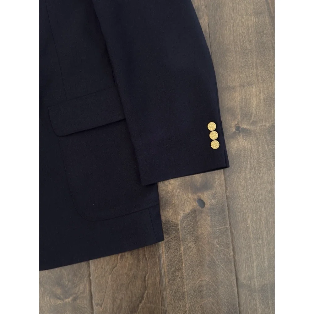 David Taylor Navy Sport Coat Gold Buttons Size 46L Preppy Navy Blazer Wool Blend